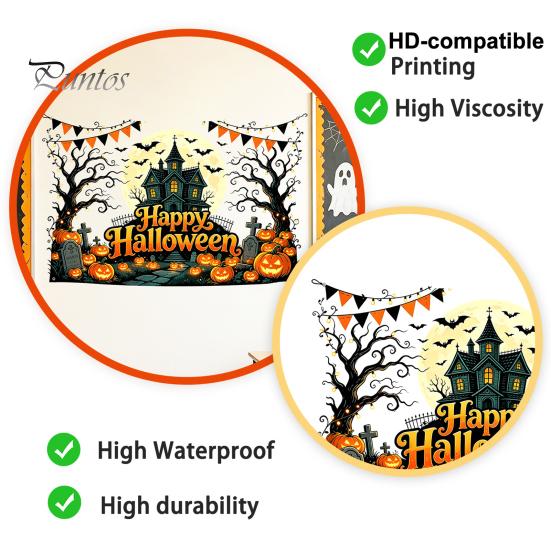 Easy Apply Halloween Decals Happy Wall Stickers, Moonlit Castle Pumpkin Clings, Waterproof Retro Stickers Haunted House for Home Living Room
