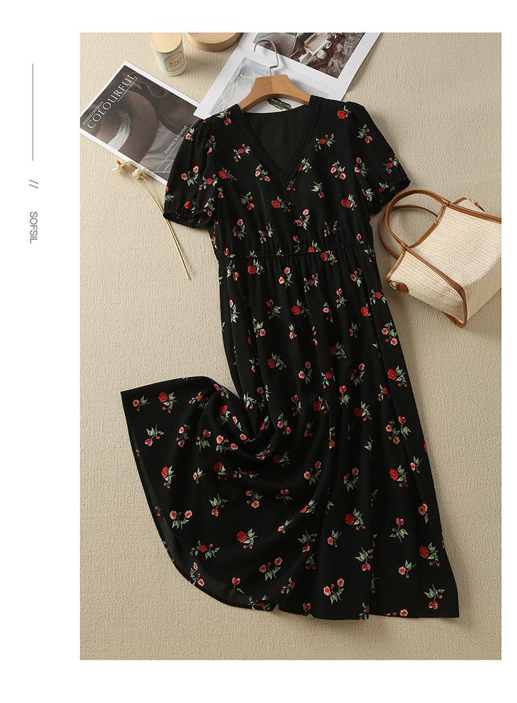 French Printed V-neck Short Sleeved Dress for 2026 Spring Fashion, Versatile and Slimming, Mid Length Skirt