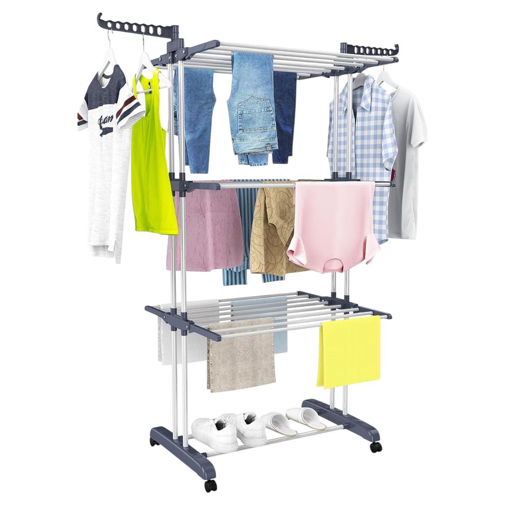 Stainless Steel Folding Clothes Drying Rack, Heavy Duty Laundry Drying Stand with 6 Retractable Trays & Wheels, Space Saving