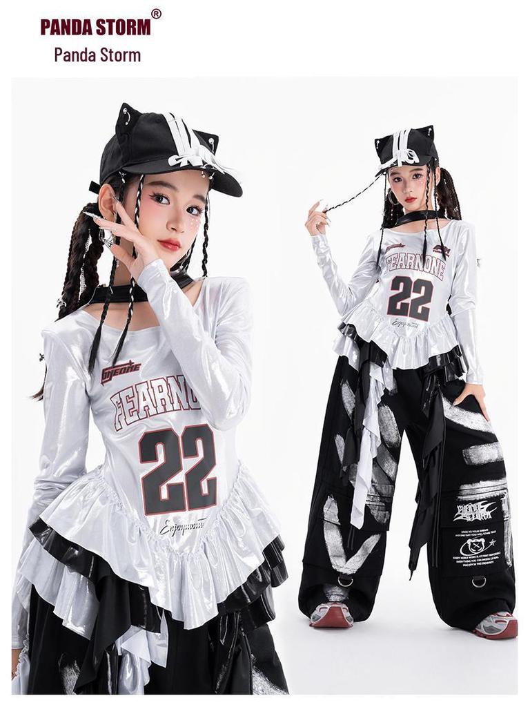 Girls' Trendy Jazz Hip Hop Dance Outfit - Long Sleeve T-shirt & Trousers for Street Dance Performance