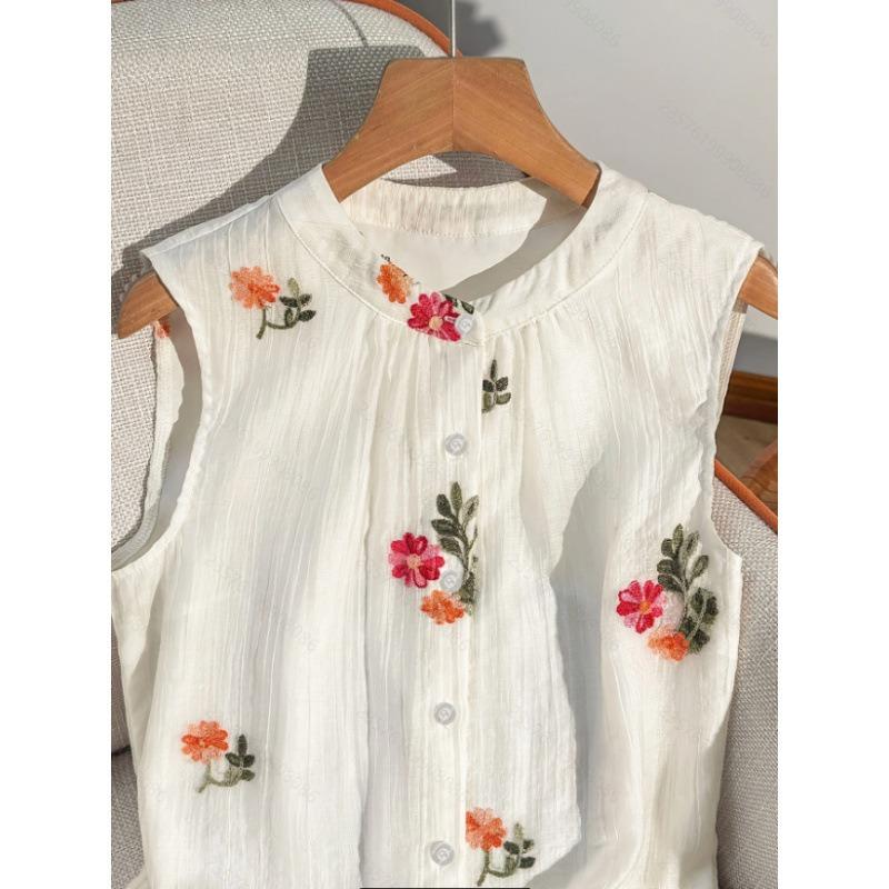 Women Summer Elegant Casual Embroidered Sleeveless Shirt For Office