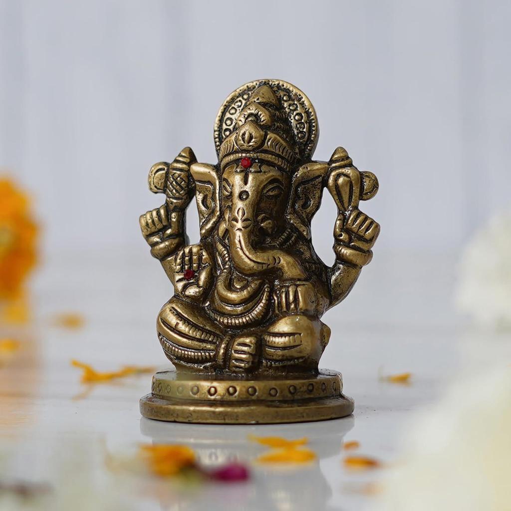 Golden Metal Handcrafted Blessing Lord Ganesha Idol for Home Decor Office Car Dashboard- Ganesha Statue