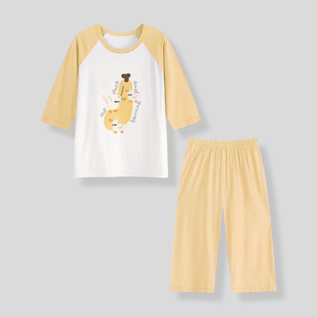 Girls' Air-Conditioned Pajama Set: 7-Point Sleeve & Pants, Ages 2-15, Sizes 80-160cm, Breathable Summer Sleepwear