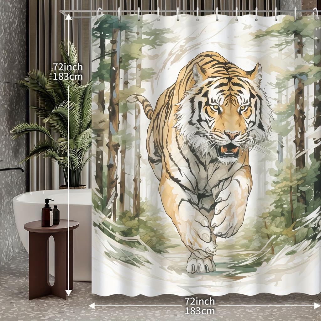 1pc Cartoon Green Woods King of The Forest Tiger Bathroom Shower Curtain with 12 Hooks Shower Curtain, Bathroom Decoration