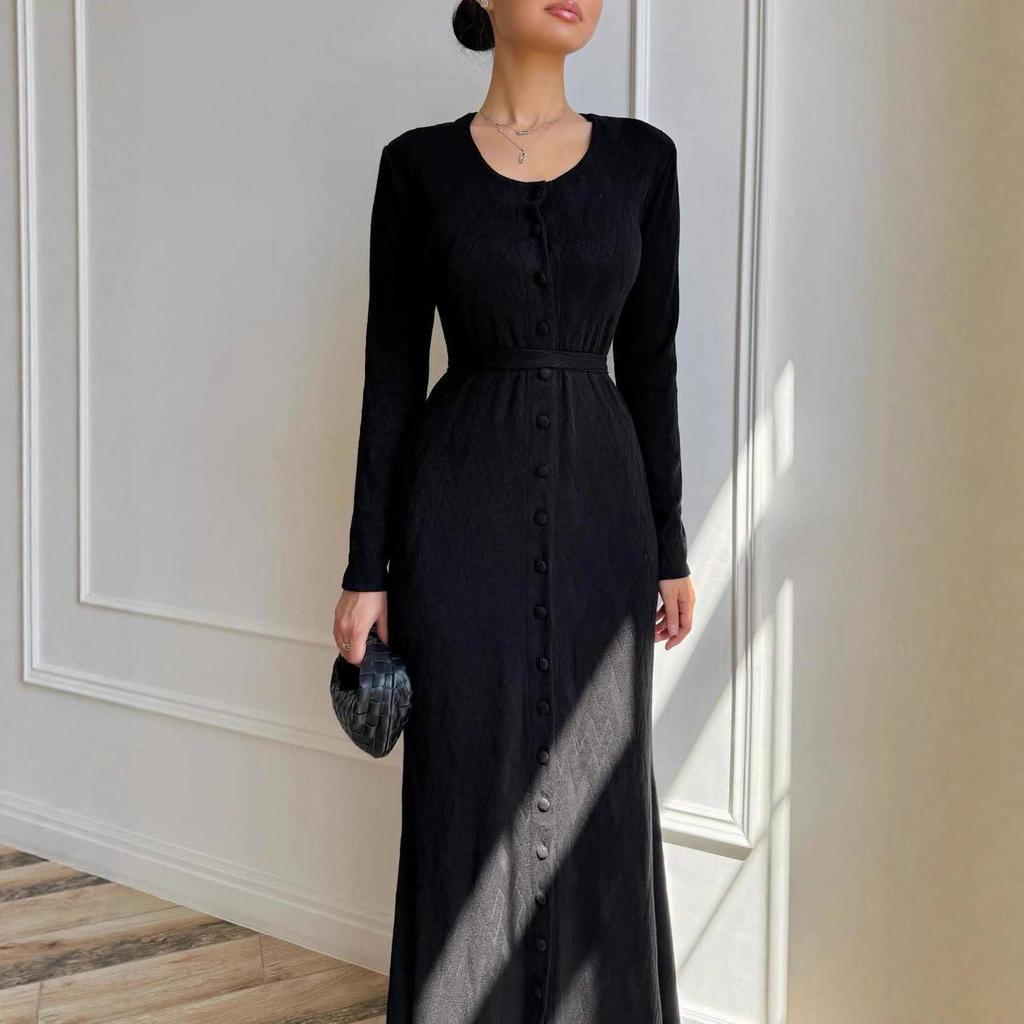 2025 Autumn Women's Slim Knit Wool Dress - Round Neck, Button & Tie Detail