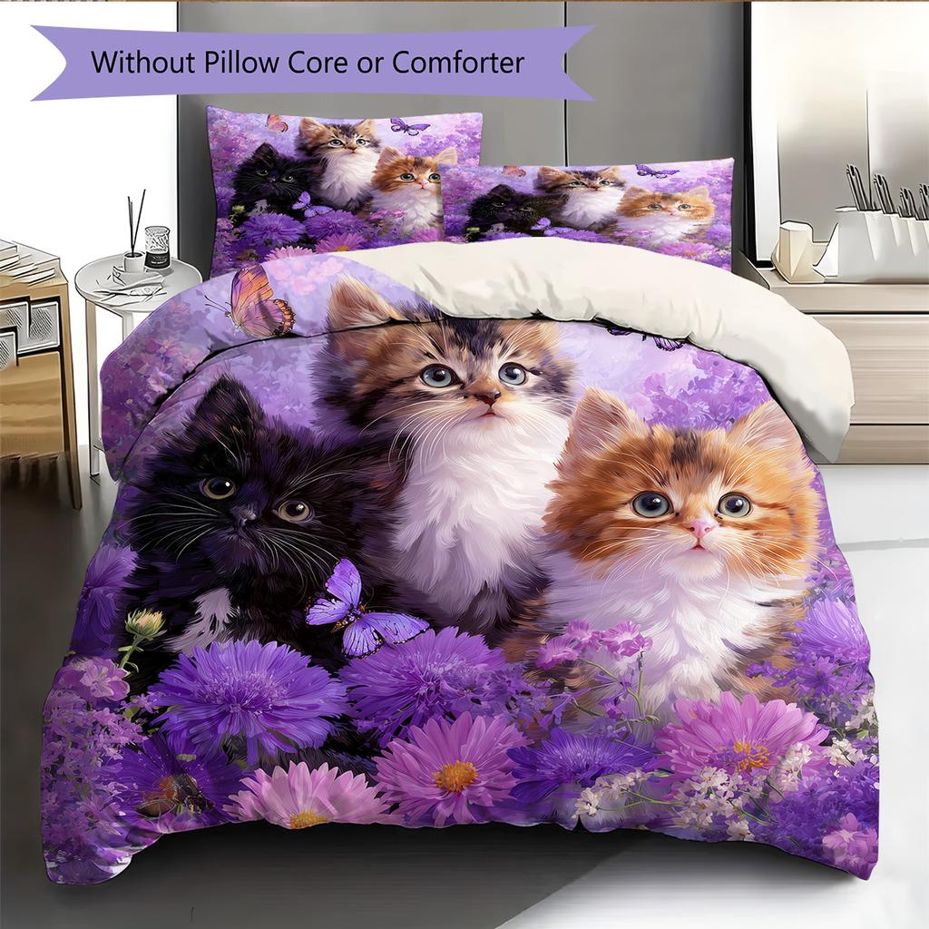 Purple Tabby Cat Pattern Bedding Quilt Set Quilt Cover Pillowcase Home Decoration Gift (1 * duvet cover + 2 * pillowcase, without core)