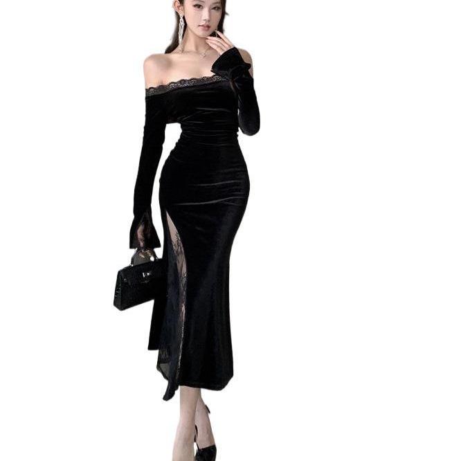 Chic French One-Shoulder Lace Patchwork Dress: Sultry, Slim-Fit, Hip-Hugging Long Skirt