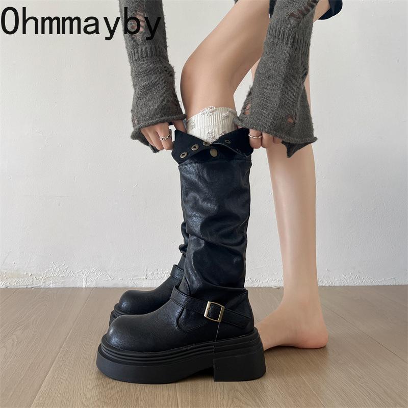 Autumn Winter Woman Knight Boots Concise Slip-On Thick Bottom Shoes Ladies Vintage Western Cowboy Botas De Mujer