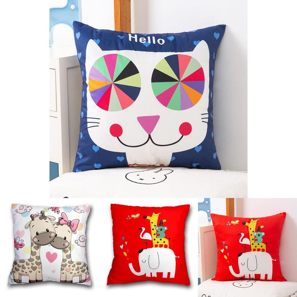 Cartoon Printed Cushion Cover Square Shape Peachskin Fabric For Home Decor