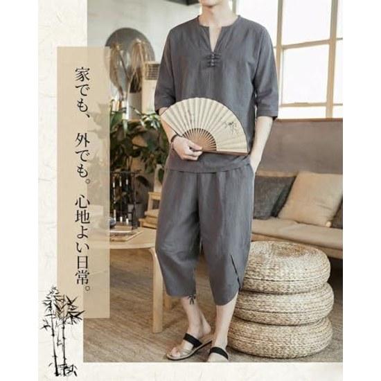 Foveitaa summer clothes mens loungewear Japanese style clothing T-shirt three-quarter sleeves linen shirt short set tops half pants shorts V-neck