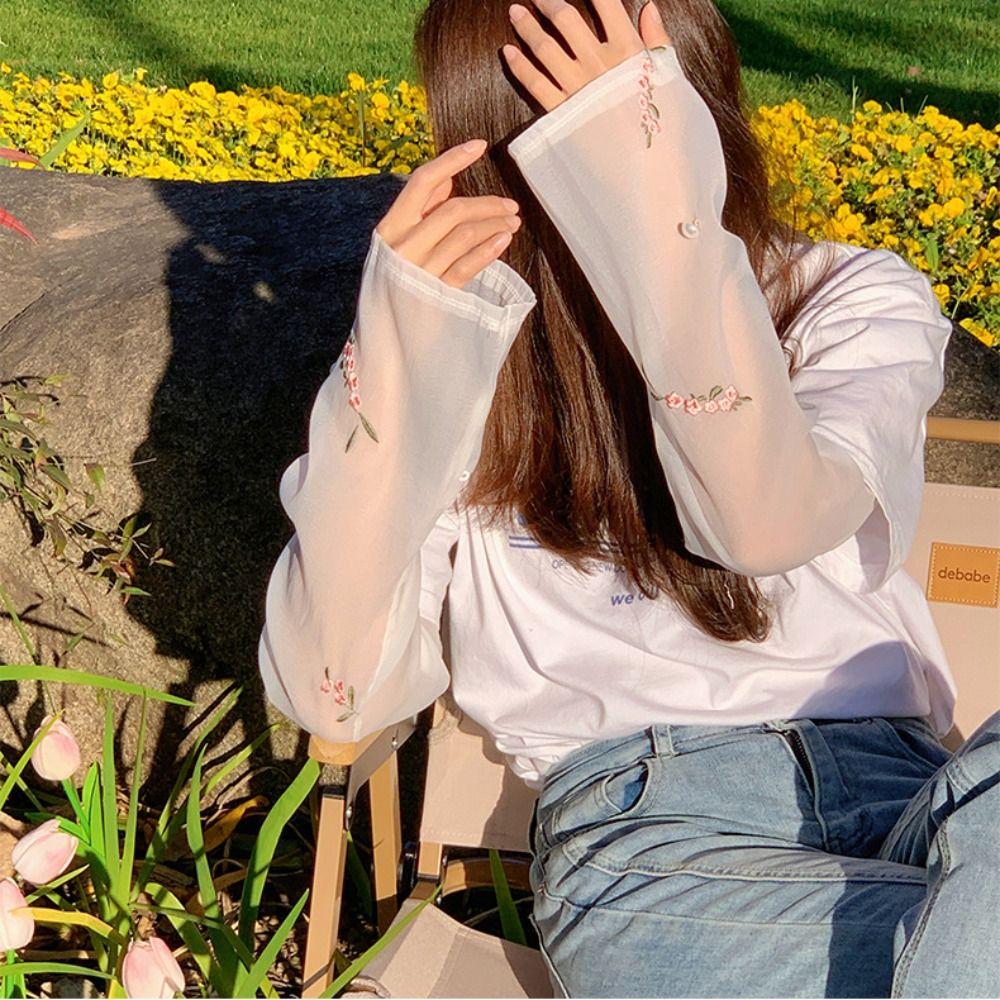 Anti-UV Stickerei Blume Eis Seide Ärmel Perlenverschluss Sonnenschutz Ärmel Atmungsaktiv Outdoor