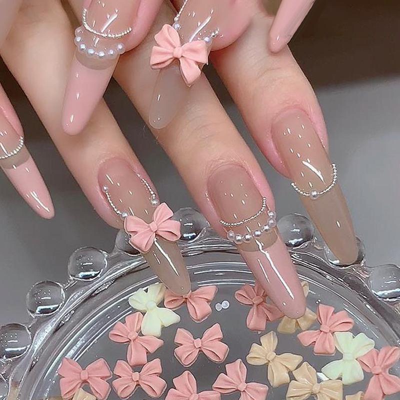 100Pcs Mix Cream Style Bowknot Nail Charms 3D Aurora Bow Flat-Back Gems Parts Nail Art Manicure Decorations