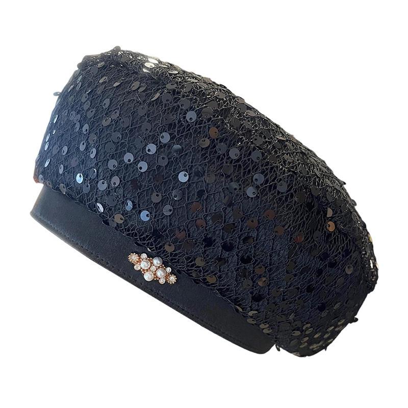 Womens Black Felt Beret With Sparkling Sequins For Fall And Winter Wear
