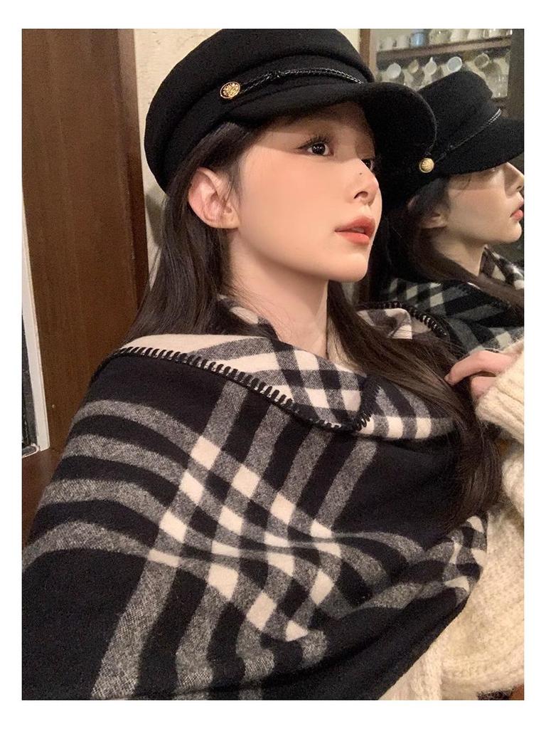 Korean Retro Pink Plaid Scarf for Women - Warm Autumn/Winter Neck Protection Shawl