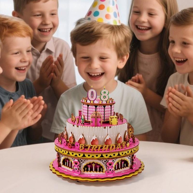 Wooden Mechanical Rotating Birthday Cake Music Box Craft Set Easy Assembly No Tool Required Musical Ornament Gifting