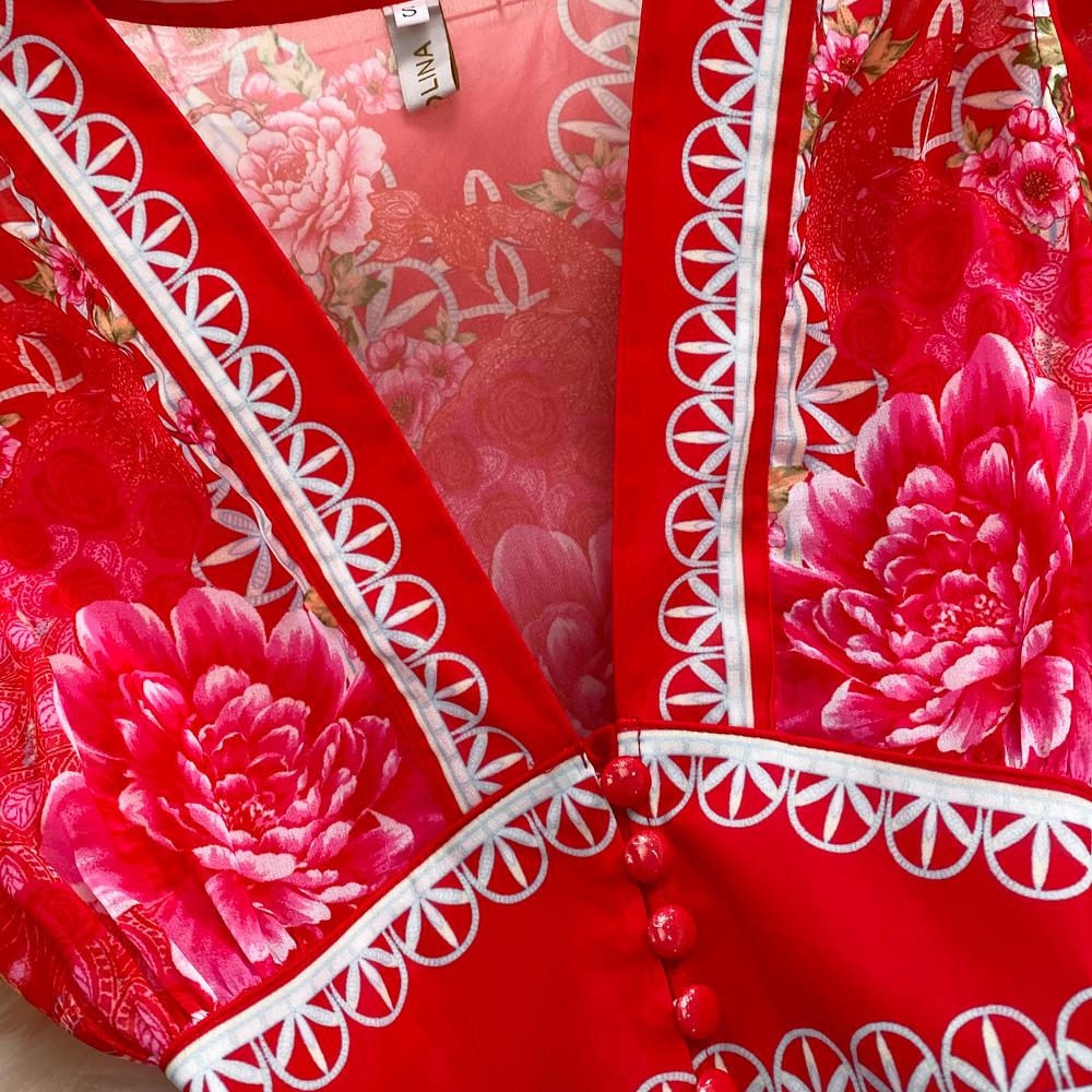 Fashion Runway Print Summer Dresses For Women Deep V Neck Flying Sleeve Single Breasted Split Long Pleated Chiffon Dresses