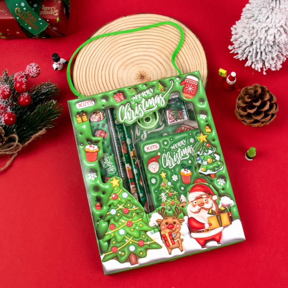 

Christmas Gift Xmas Tree Santa Pattern Stationery Pack Red Green Pencil Eraser NoteBook Kids Party Favors Class Reward Prizes 14x17.8cm
