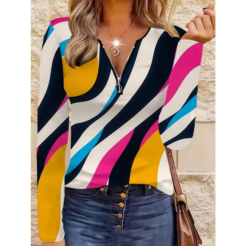 Women's Creative Printed Zipper Long-sleeved T-shirt, Breathable, Soft and Comfortable, Suitable for All-year-round Casual Wear