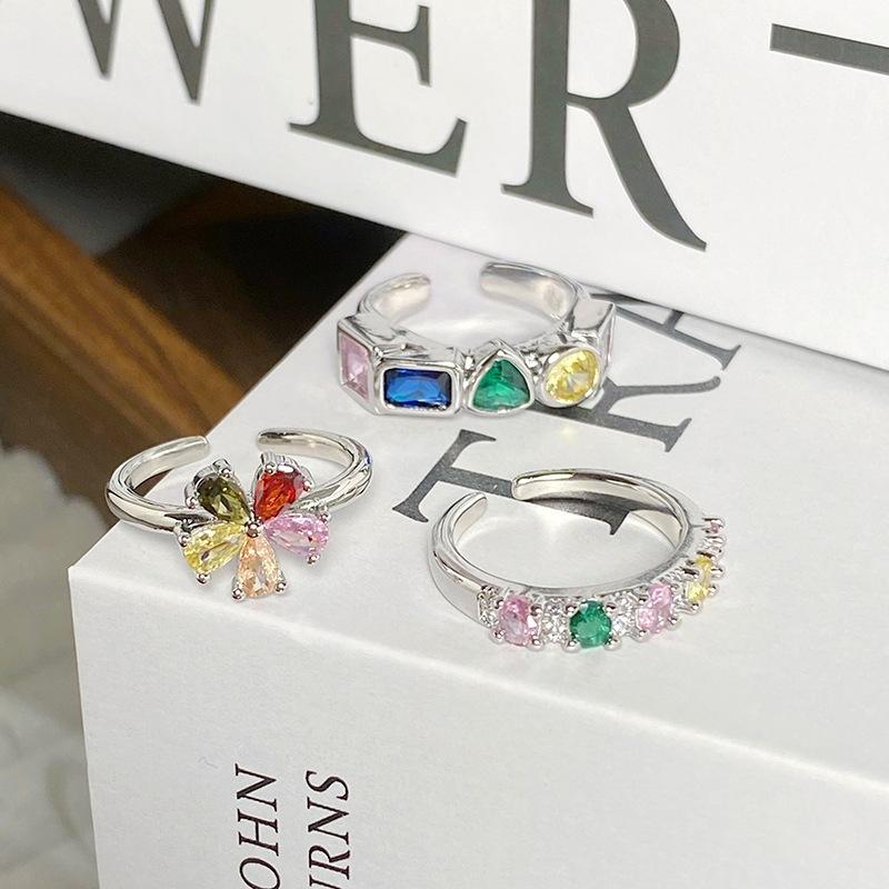 [Rainbow Ring] Colored Zircon Personalized Flower Row Diamond Ring Exquisite High-End Sense Stacking Wearing Colored Treasure Ring Woman