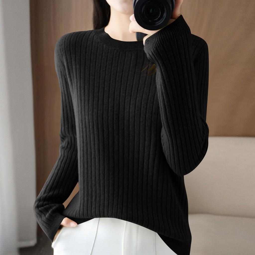 Damenmode Locker Gestrickter Pullover Unterhemd Rundhals Pullover Langarm Einfarbiges Oberteil