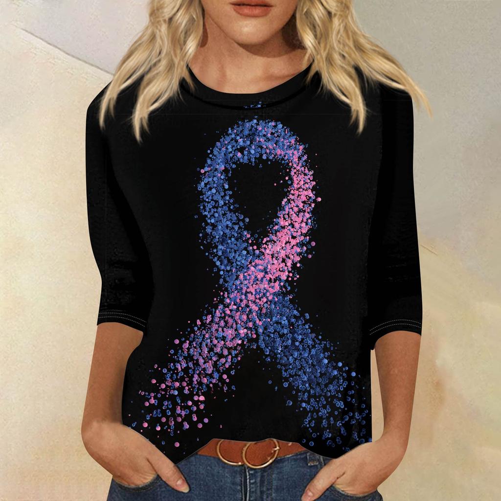 Dámské módní ležérní tričko s potiskem, kulatým výstřihem a sedmidílným rukávem, volného střihu