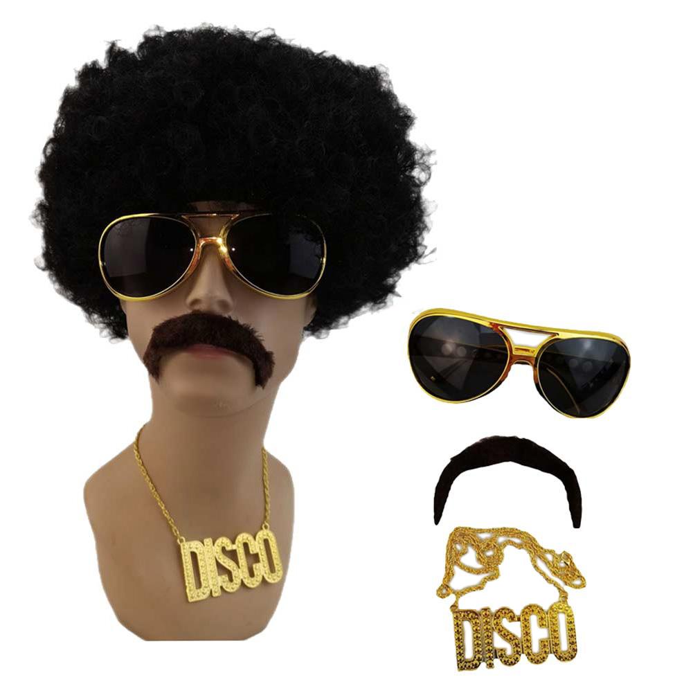 Hippie Cosplay Fantasy Afro Hair Wigs Eyeglasses Necklace 70S 80S Disco Party Disguise Costume Accessories Men Fantasia Props