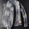 Nuova giacca di jeans casual da uomo con revers, lavaggio sporco vintage effetto distressed, tendenza workwear