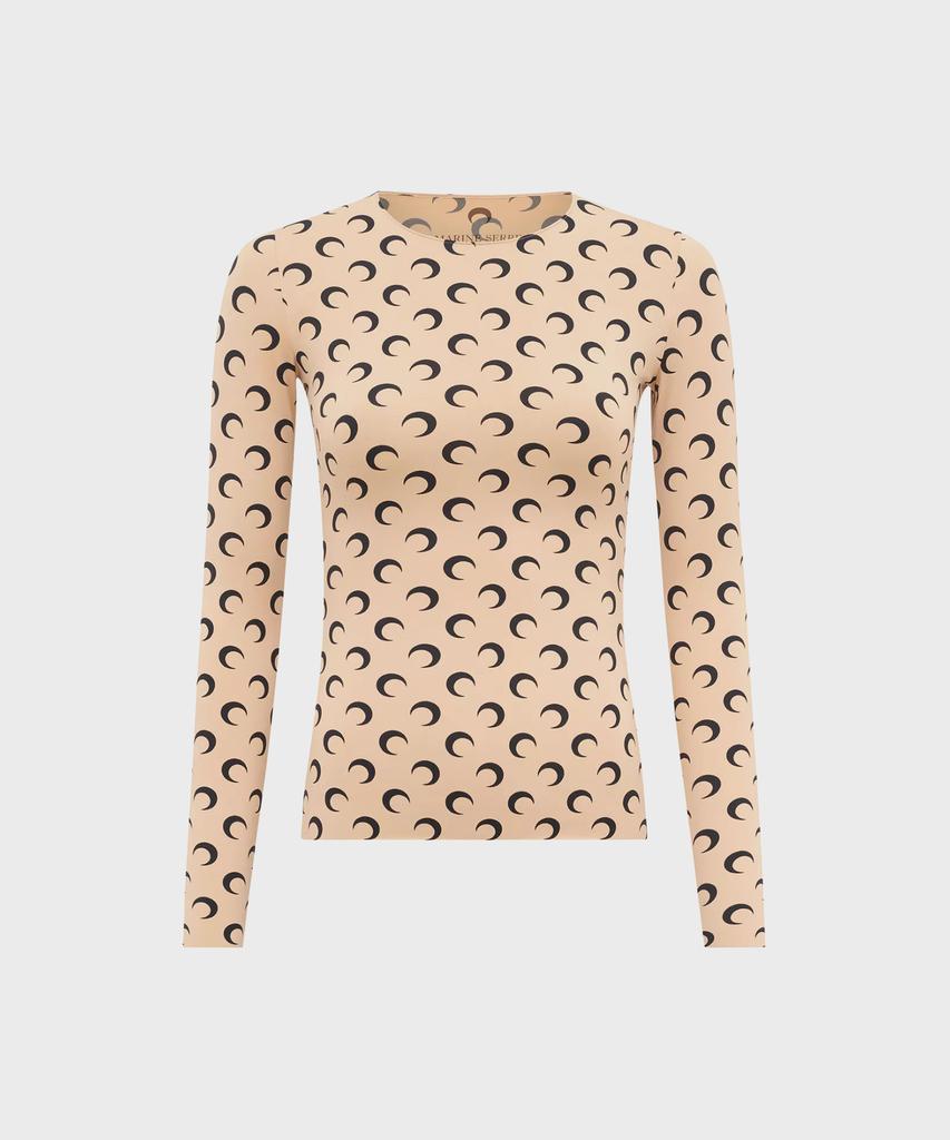 MARINE SERRE (W) Moon Printed Jersey Long Sleeve Crewneck Top Tan