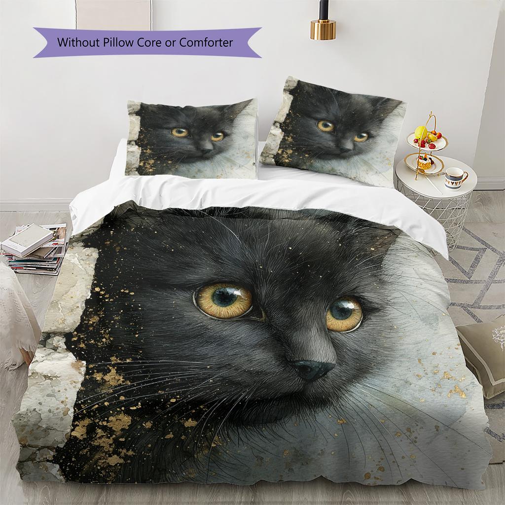 Black Cat Pattern Bedding Quilt Set  Home Decoration  Gift (1 * Duvet Cover + 2 * Pillowcase  Without Core)