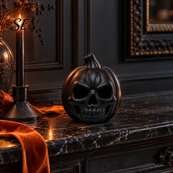 Hollowed Resin Figurine 3D Printed Pumpkin Skull Figurine, Blank DIY Paint Halloween Unique Lighting Props Statue, Desktop Ornament for Party