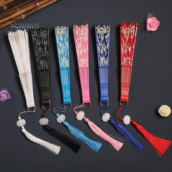 Elegant Handheld Fan Retro Lace Folding Portable Lightweight Chinese Dance Cherry Blossom Silk Cloth Pattern Women's with Tassel for Performance