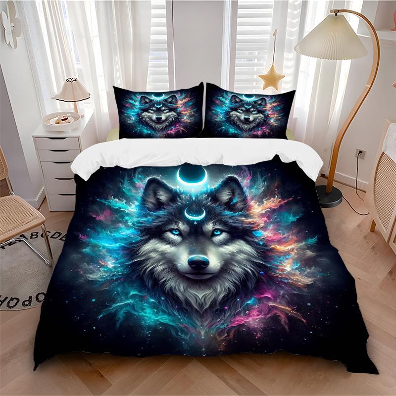 3pcs Moons and Vibrant Cosmic Flames Wolf Quilt Cover Set - Soft and Cozy Bedroom, Guest Room and Dorm Decorative Bedding