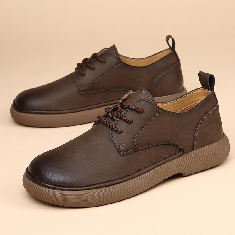Men's Shoes Spring New Wide Head Genuine Leather Men's Shoes Breathable Trendy Retro Casual Leather Shoes Men