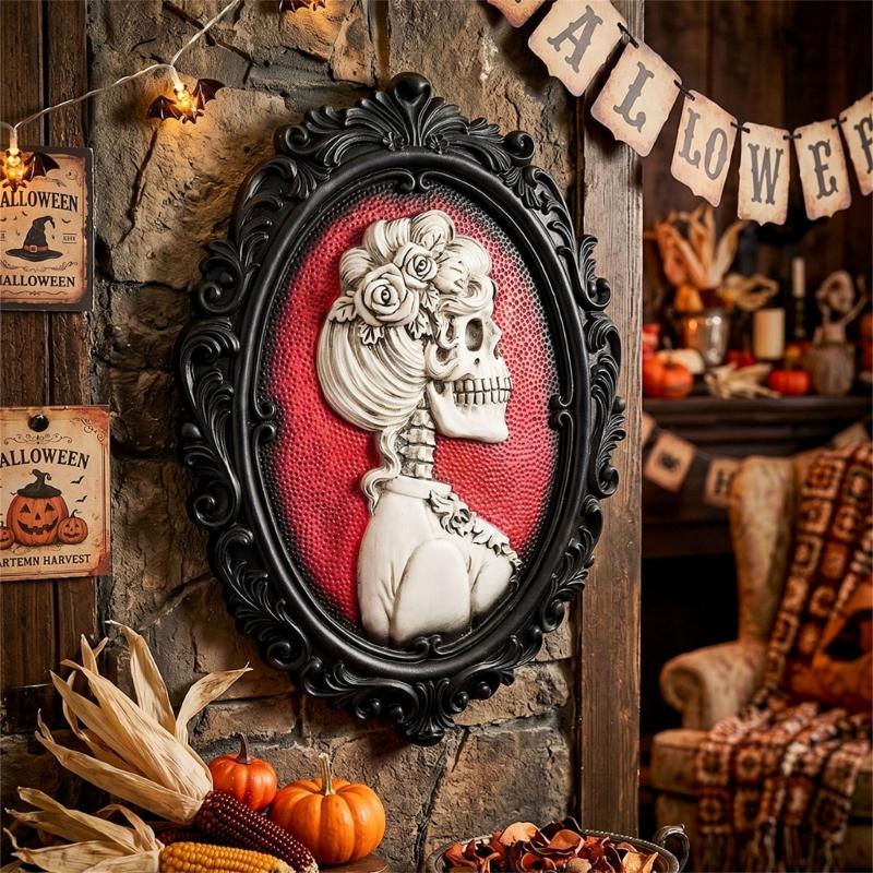 Skeleton Wall Art Decors Gallery Wall Plaque with Skull Portrait, Black Frame and Raised Relief Form for Entryway Accent or Bedroom Hanging Display