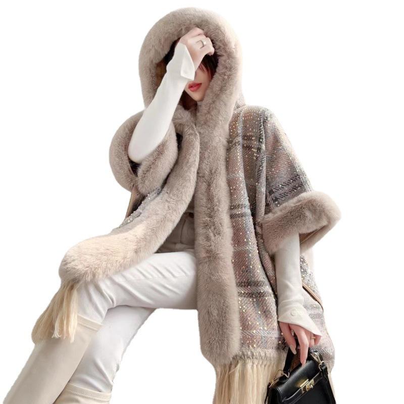 Cloak Shawl Jacket Winter Thickened Sequins Tassel Hooded Fur Collar Wool Jacket 1192 #