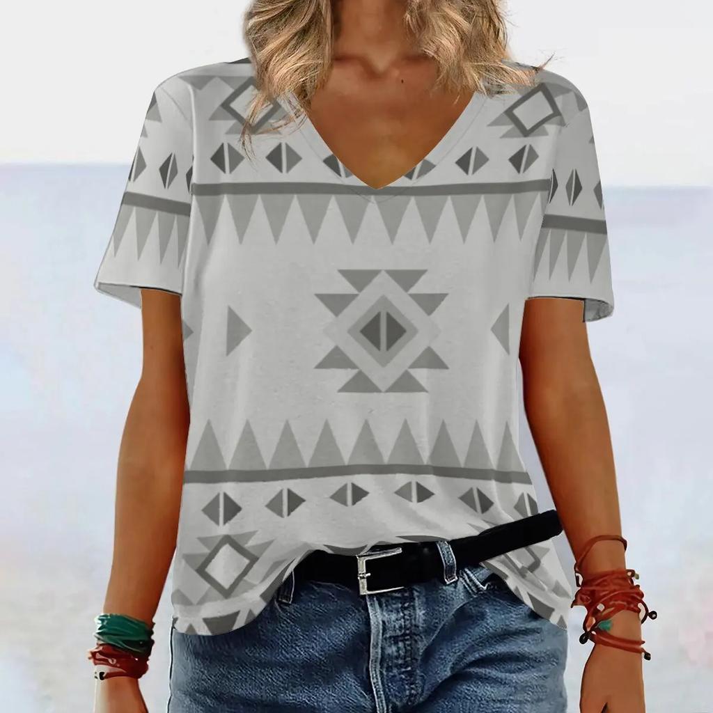 Short Sleeved V-neck Summer Ethnic Style Print Design Casual Women's T-shirts