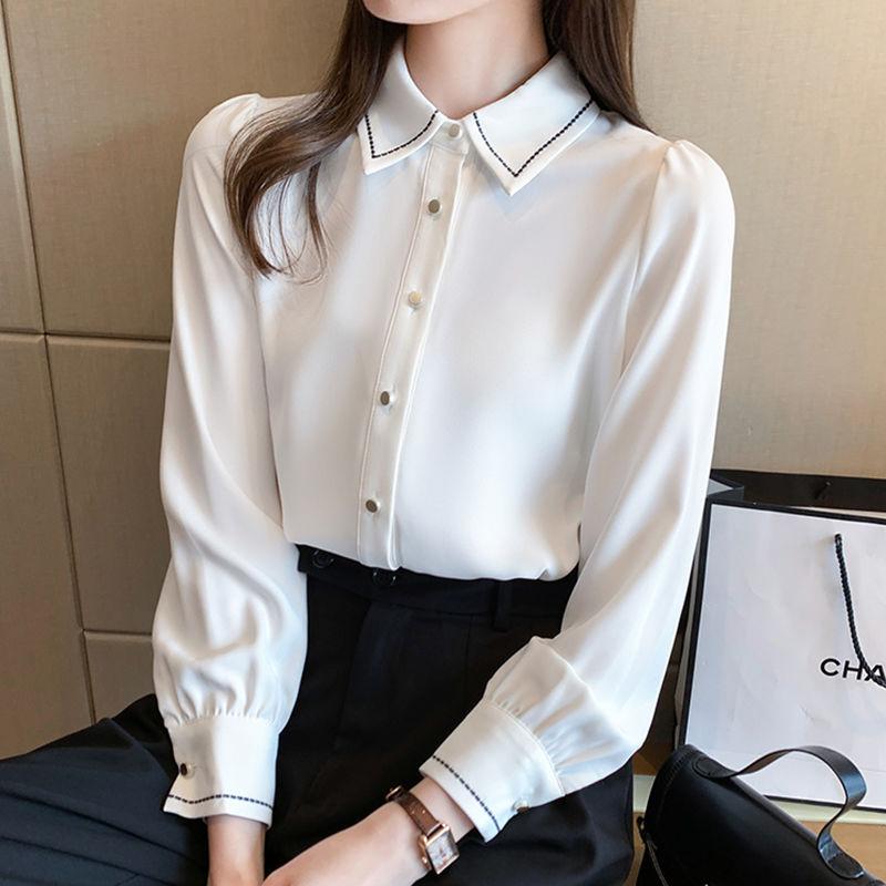Camisa blanca de gasa para primavera y otoño, camisa de manga larga con diseño de nicho para oficina, camisas formales de temperamento elegante