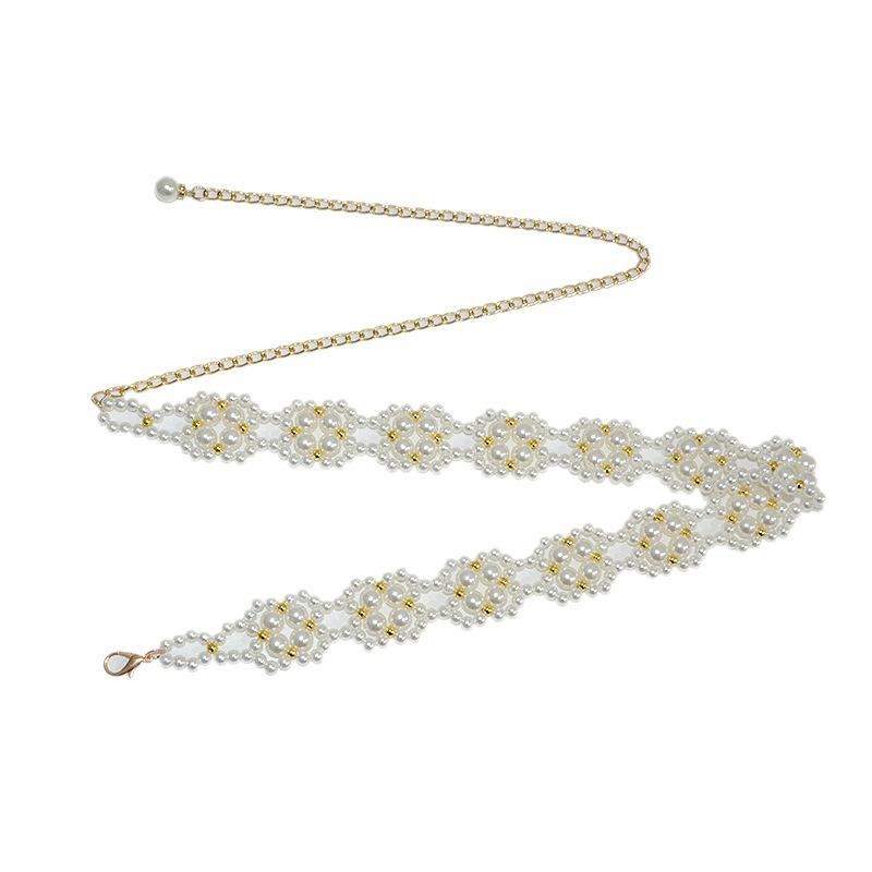 Meier Thin Belt, Waistband, Casual Glass Pearl Flower Woven Chain, Skirt Waist Chain
