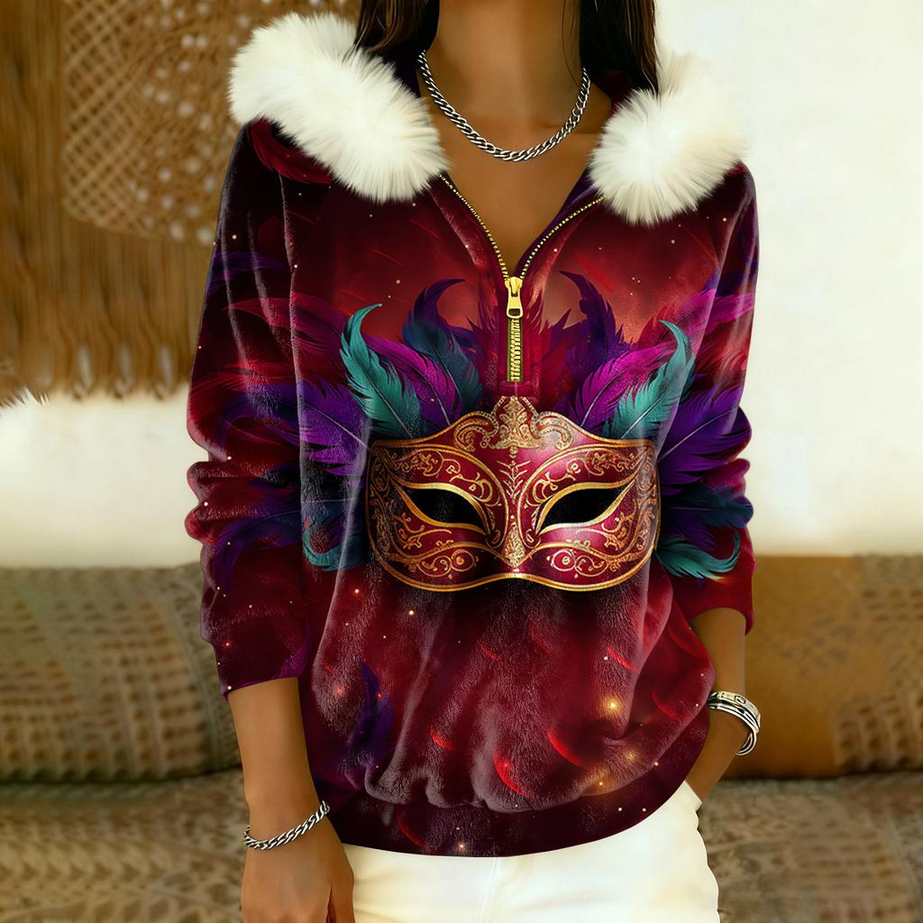 Women's Loose And Comfortable Casual Fashion Half-Zip Hooded Long Sleeve Carnival Print Top