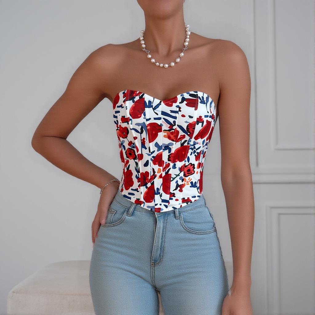 European & American Sexy Backless Floral Fishbone Camisole