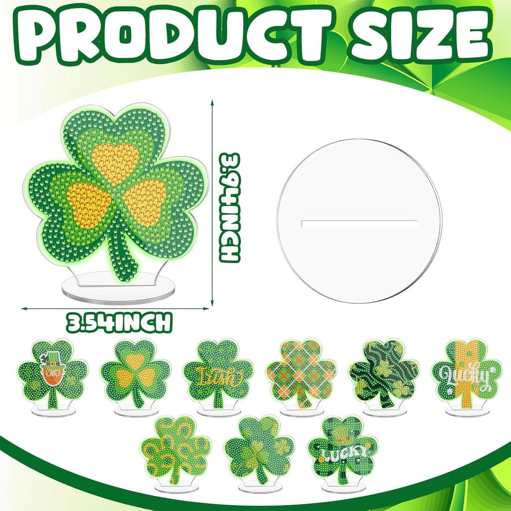 DoubleFill 9 Pcs St. Patrick's Day Diamond Painting Table Decor Double Sided Shamrock Diamond Art Kit Tabletop Signs Glow in The Dark Irish Green