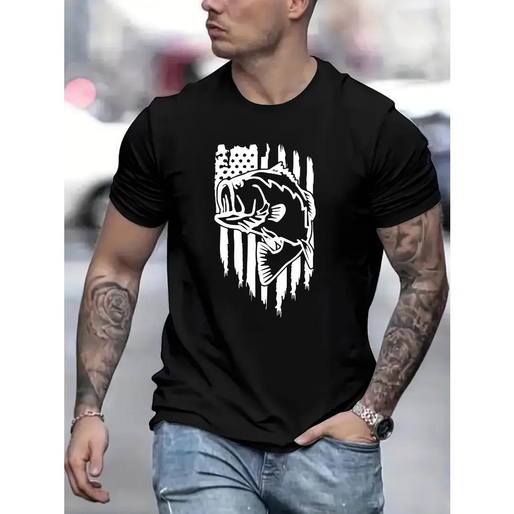 

European sizes [Fish And US Flag Print Tee] Summer Casual Fish And US Flag Print T Shirt - Tees For Men - Short Sleeve 4XL чорний