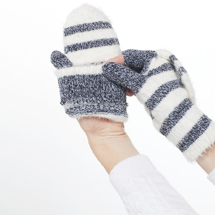 Striped Pattern Glove Plush Fingerless Mittens with Flip Top Knitted Gloves