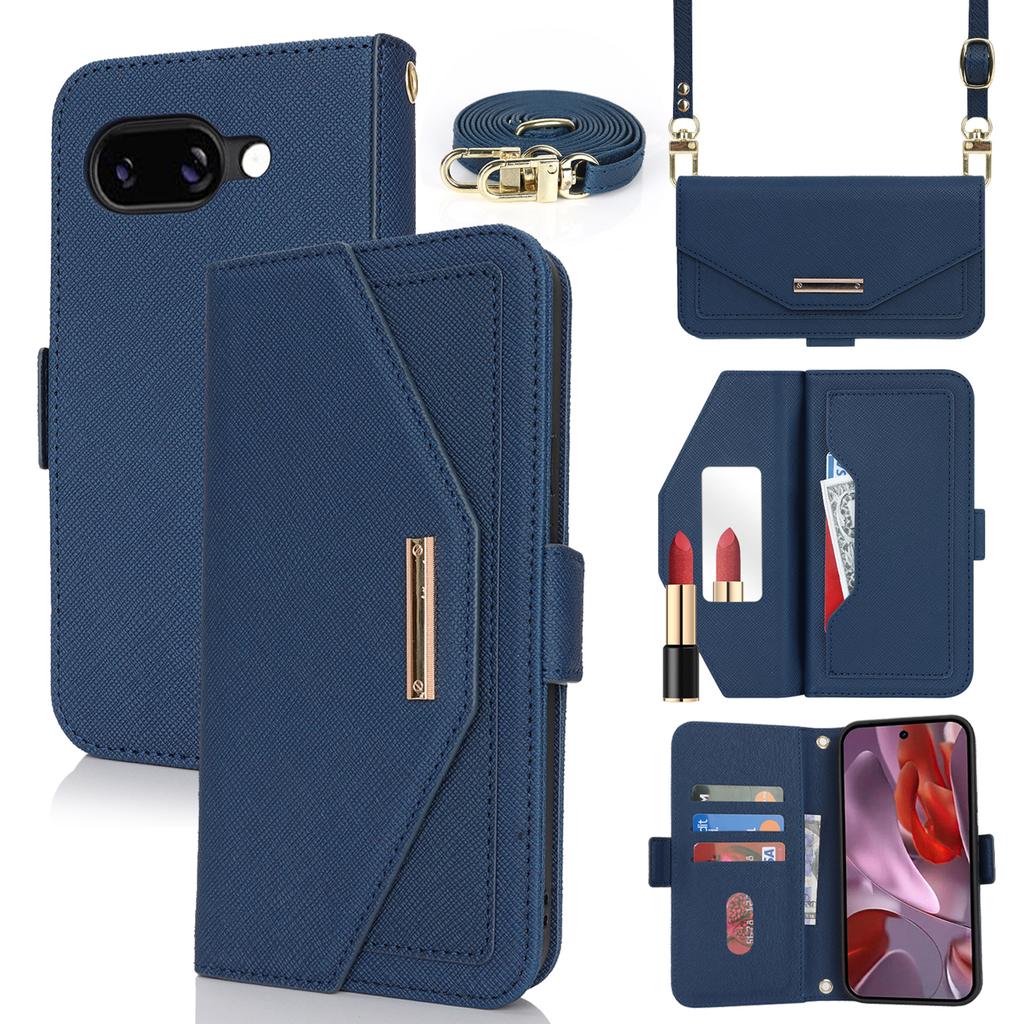 For Google Pixel 9a Stand Case Cross Texture PU Leather Wallet Phone Cover with Shoulder Strap/Makeup Mirror
