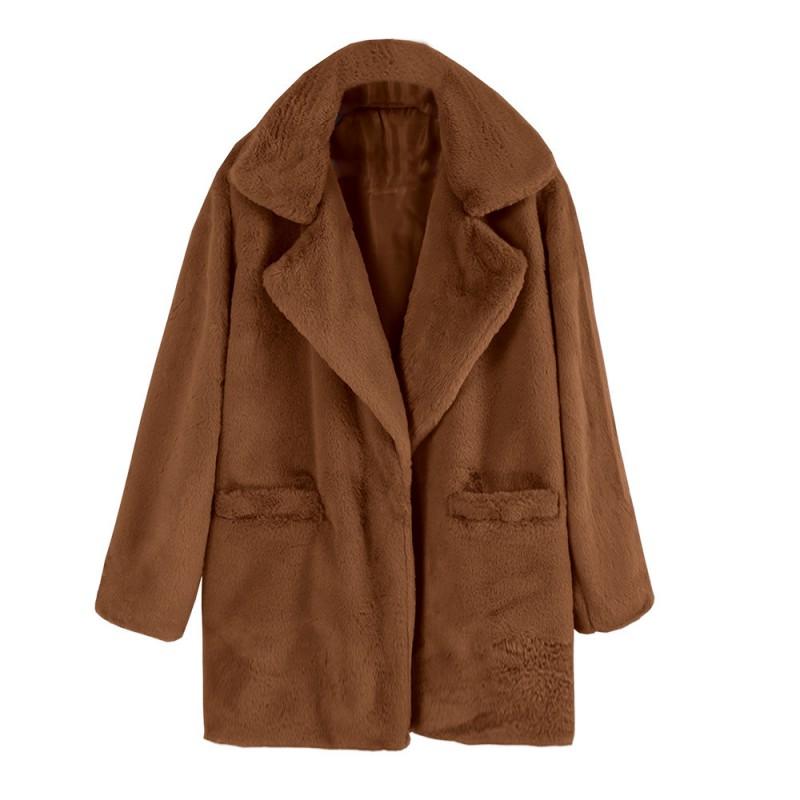 Womens Faux Fur Coat Plush Lapel Slim Fit Mid-Length Jacket Office Commute