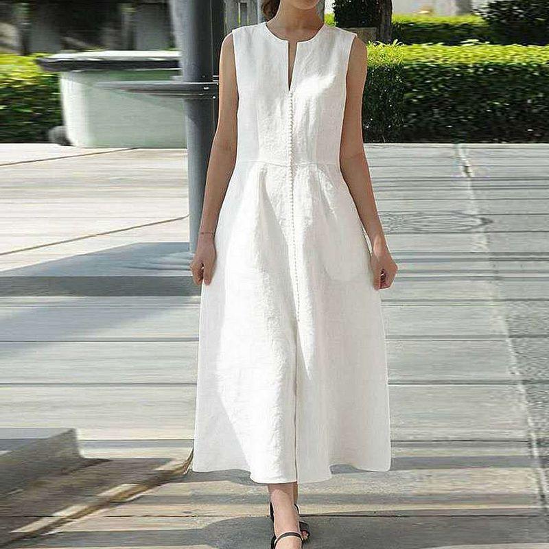 

V Neck Waist-Slimming Belt Slit Hemline at Hem Sleeveless Dress White L