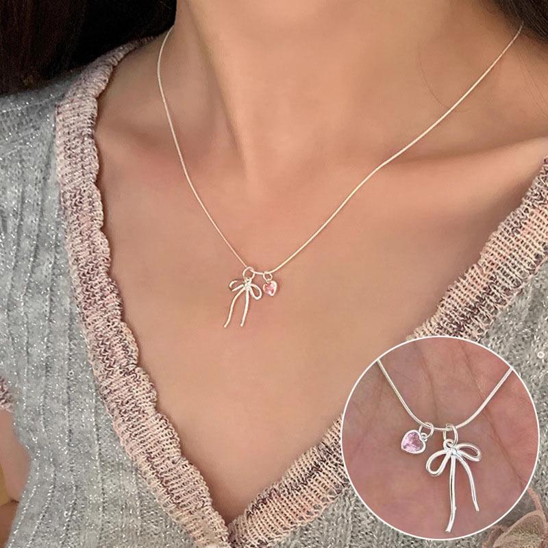 Sweet Heart Silver Bow Necklace: Women’s Trendy Clavicle Chain