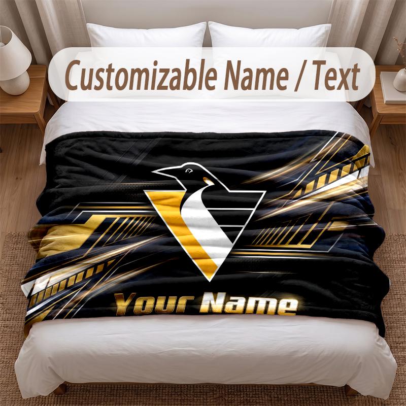 Pittsburgh Penguins Printed Flannel Blanket Custom Name Text Soft Warm Throw For Bedroom Holiday Gift