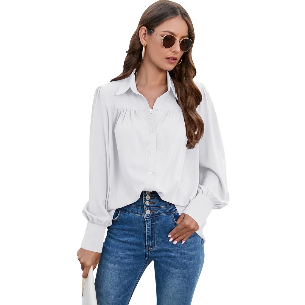 Spring and Autumn Women's Shirt Pleated Long Sleeve Blouse Tops Temperament Elegant Plus Size