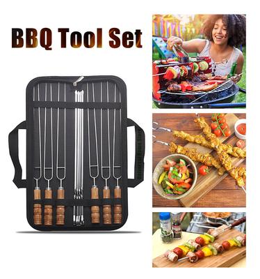 Novo Kit com 10 Peças/Conjunto de Espetos para Churrasco de Arame de Aço Inoxidável com Cabo de Madeira, Espetos para Grelhar e Assar, Ferramentas para Churrasco de Camping ao Ar Livre com Bolsa de Armazenamento
